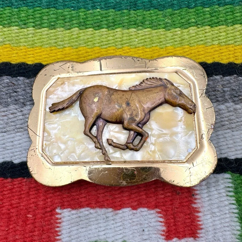 VTG 1940s Wild Horse Brass Belt Buckle Cowboy Pearloid Backing Western